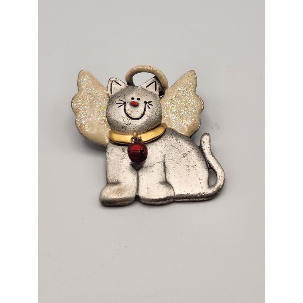 AJMC Purrfect Angel Cat Brooch Vintage Silver‎ Tone Glitter Wings Christmas Pin